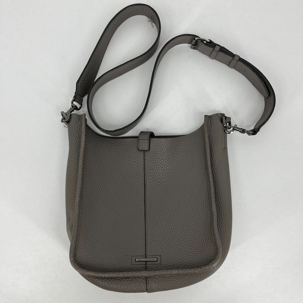 Rebecca Minkoff Whipstitch Unlined Feed Crossbody Bag Purse Gray Pebbled Leather